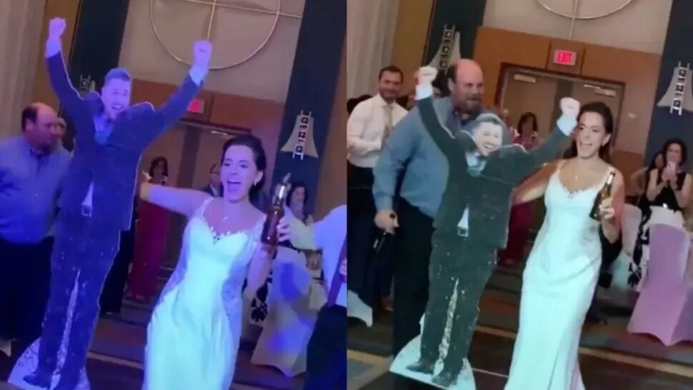 Una mujer decidió hacer su fiesta de casamiento con la figura de cartón de su novio