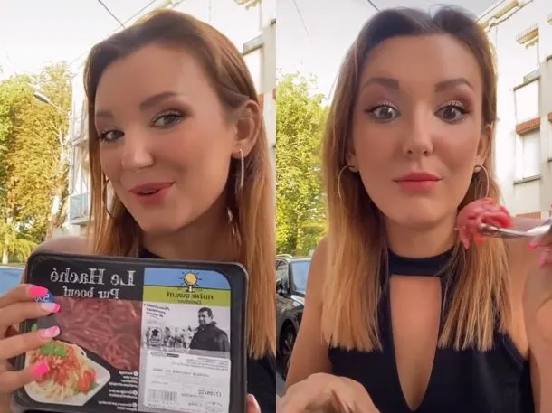 Francesa se filma comiendo carne cruda