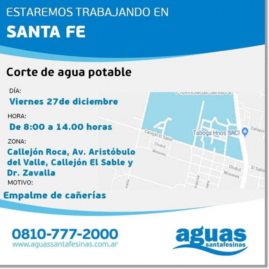 Corte de agua programado para este viernes en el norte de la ciudad